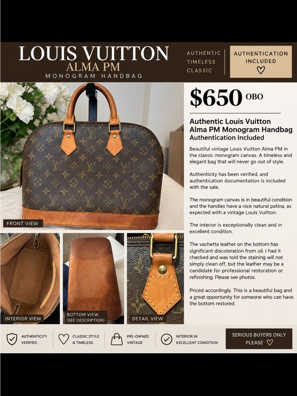 Louis Vuitton Alma PM Monogram Satchel - Brown and Tan